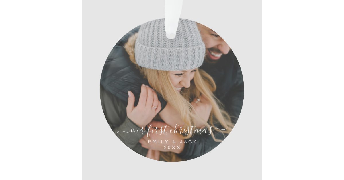 Our First Christmas Hand Lettered Photo Ornament | Zazzle