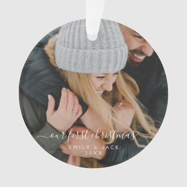 Our First Christmas Hand Lettered Photo Ornament | Zazzle