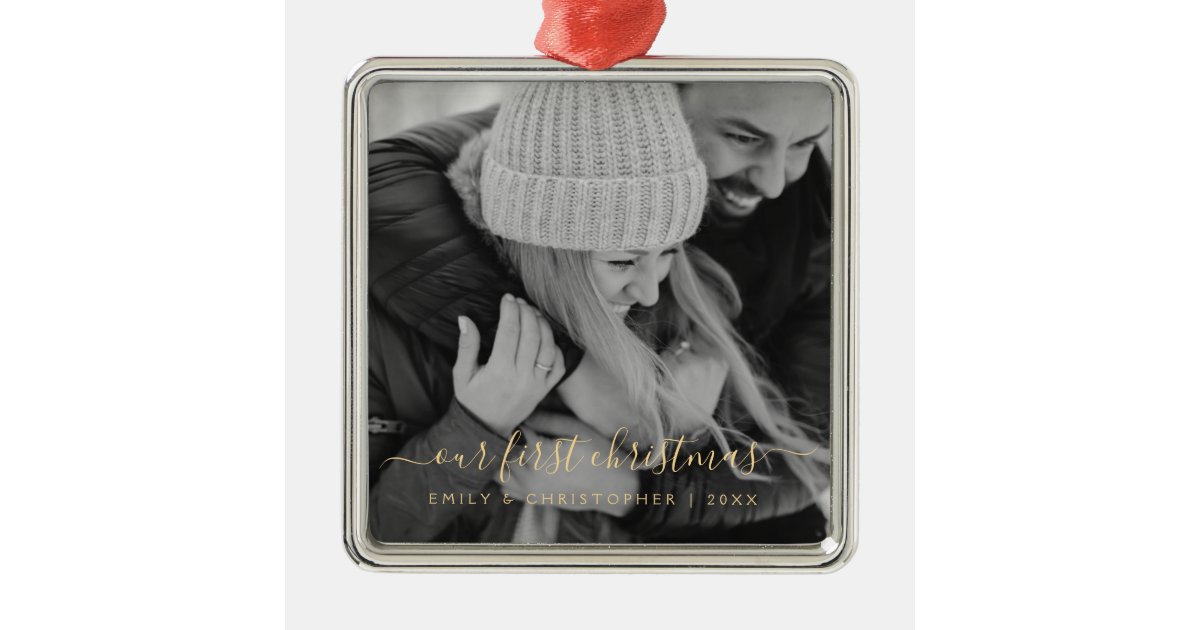 Our First Christmas Hand Lettered Photo Template Metal Ornament | Zazzle