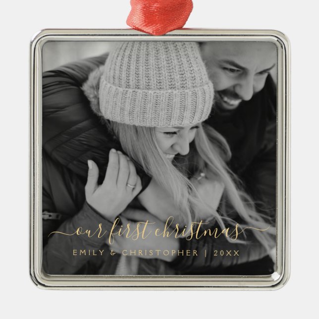 Our First Christmas Hand Lettered Photo Template Metal Ornament (Front)