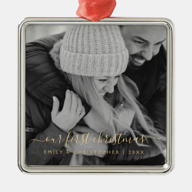 Our First Christmas Hand Lettered Photo Template Metal Ornament | Zazzle