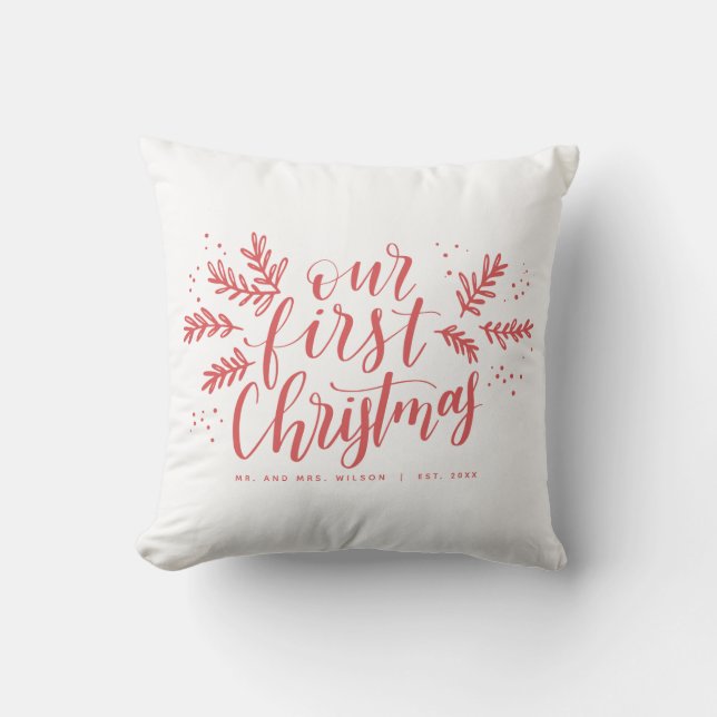 Our First Christmas Hand-lettered Red Throw Pillow (Front)
