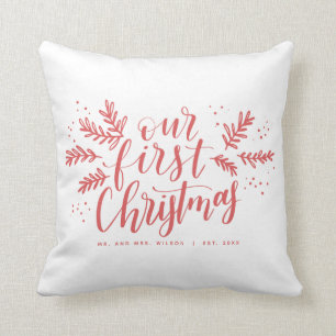 Our First Christmas Hand-lettered Red Throw Pillow