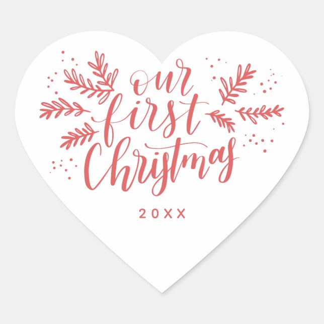 Our First Christmas Hand-lettered Red with Year Heart Sticker (Front)