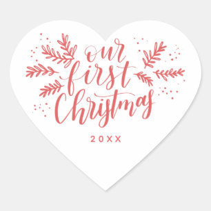 Our First Christmas Hand-lettered Red with Year Heart Sticker