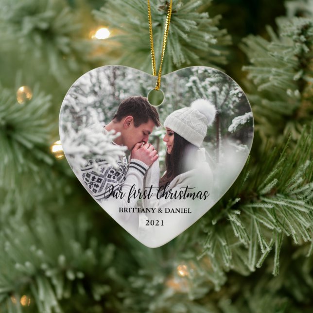 Our First Christmas Heart Couple Photo  Ceramic Ornament (Tree)
