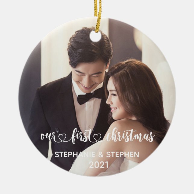 Our First Christmas Heart Hand Lettered Photo Ceramic Ornament (Front)