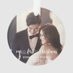 Our First Christmas Heart Hand Lettered Photo Ornament