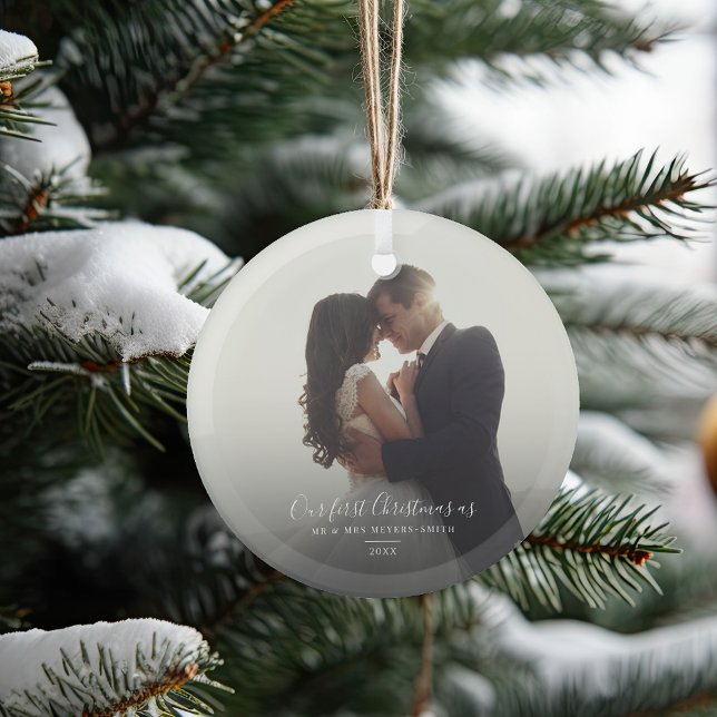 Our First Christmas Holiday Married Wedding Photo Glass Ornament (First Christmas as Mr and Mrs Photo Glass Ornament)