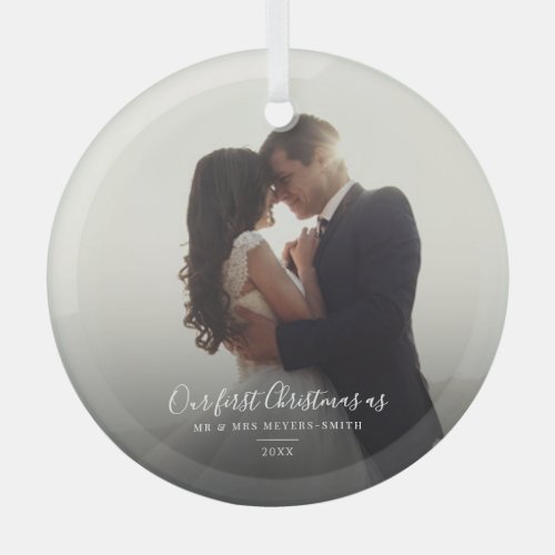 Our First Christmas Holiday Married Wedding Photo Glass Ornament