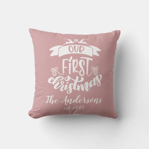 Our First Christmas Holiday Personal Family Name Throw Pillow