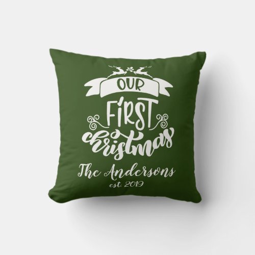 Our First Christmas Holiday Personal Family Name Throw Pillow