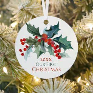 Our First Christmas Holly and Berries with Names Metal Ornament