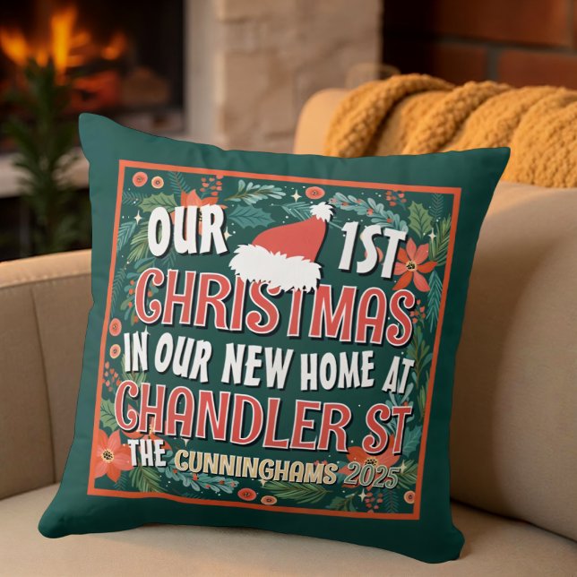 Our First Christmas in our New Home Bold Wreath Throw Pillow (Creator Uploaded)