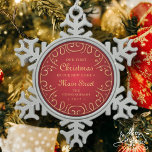 Our First Christmas in our New Home Faux Gold Snowflake Pewter Christmas Ornament<br><div class="desc">First Christmas  in <add name="" of="" your="" street=""> Street in classic and simple serif  and cursive script typography on a red background with ornate faux gold curves. </add></div>