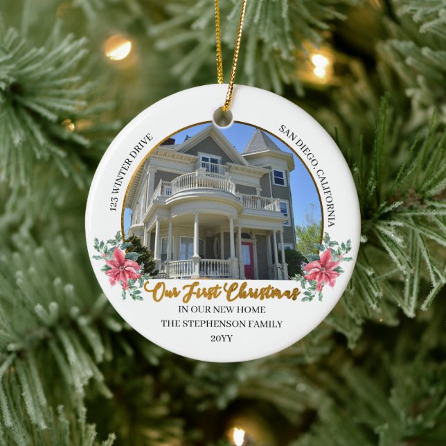 Our First Christmas in Our New Home Holiday Photo Ceramic Ornament (Tree)