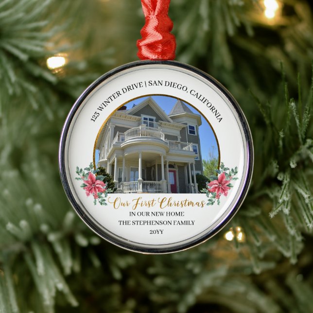 Our First Christmas in Our New Home Holiday Photo Metal Ornament (Tree)