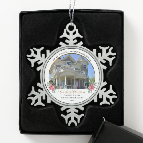 Our First Christmas in Our New Home Holiday Photo Snowflake Pewter Christmas Ornament