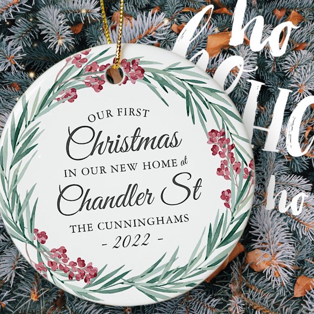 Our First Christmas in our New Home Holiday Wreath Ceramic Ornament (Creator Uploaded)