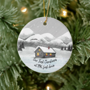 our first Christmas in our new home log cabin Ceramic Ornament