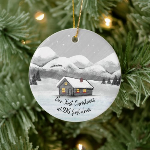 our first Christmas in our new home log cabin Ceramic Ornament