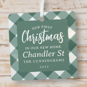 Our First Christmas in our New Home Modern Plaid Metal Ornament
