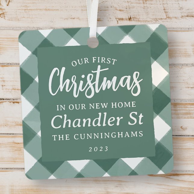 Our First Christmas in our New Home Modern Plaid Metal Ornament (Creator Uploaded)