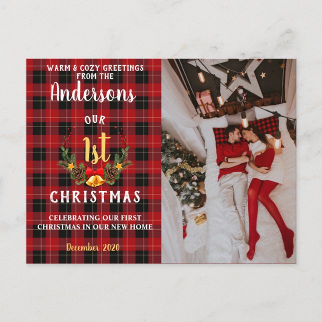 Our First Christmas in our New Home| Red Flannel Holiday Postcard (Front)