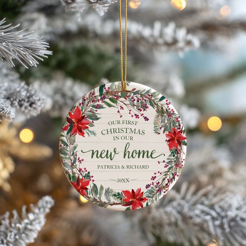 Our First Christmas In Our New Home Rustic Wreath Ceramic Ornament