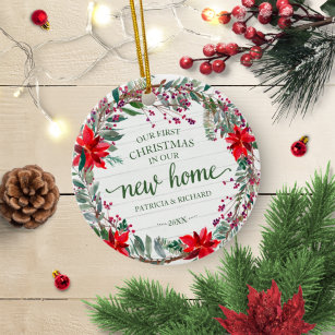 Our First Christmas In Our New Home Rustic Wreath Ceramic Ornament