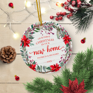 Our First Christmas In Our New Home Rustic Wreath Ceramic Ornament