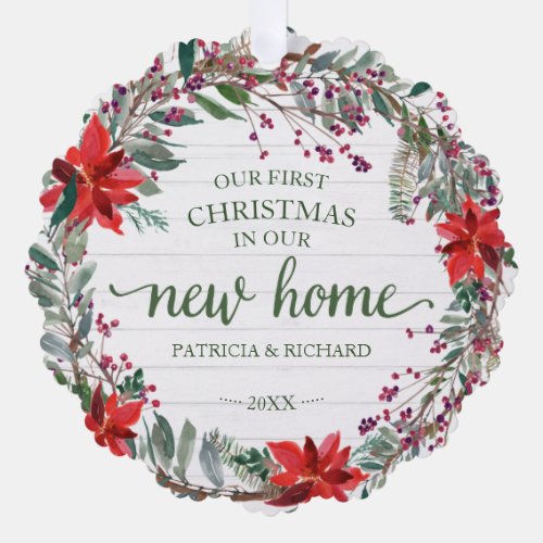Our First Christmas In Our New Home Rustic Wreath Ornament Card