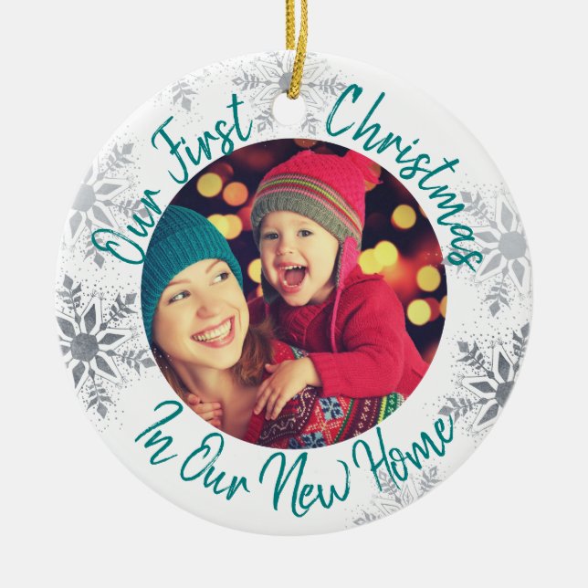 Our First Christmas in our New Home w Photo - Teal Ceramic Ornament (Front)