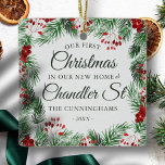 Our First Christmas in our New Home Watercolor Ceramic Ornament<br><div class="desc">Our First Christmas  in <add name="" of="" your="" street=""> Street in classic and simple serif  and cursive script typography on a modern simple background of watercolor foliage botanicals</add></div>