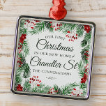 Our First Christmas in our New Home Watercolor Metal Ornament<br><div class="desc">Our First Christmas  in <add name="" of="" your="" street=""> Street in classic and simple serif  and cursive script typography on a modern simple background of watercolor foliage botanicals</add></div>