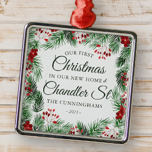 Our First Christmas in our New Home Watercolor Metal Ornament