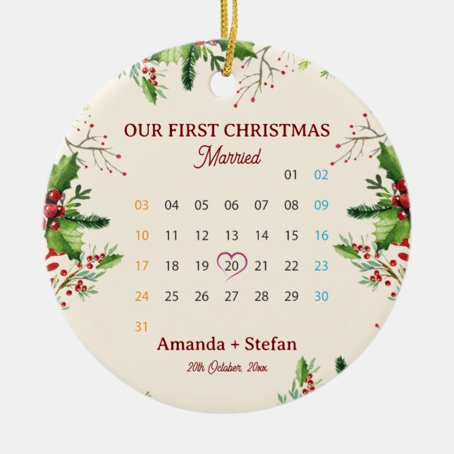 Our First Christmas Keepsake Married  Calendar Ceramic Ornament (Front)