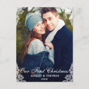 Our First Christmas Lace Border Couple Photo Holiday Postcard
