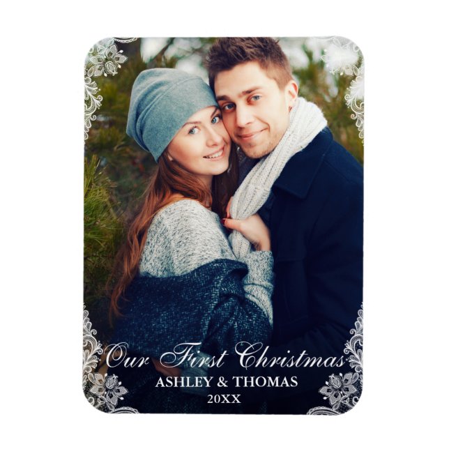 Our First Christmas Lace Border Couple Photo Magnet (Vertical)