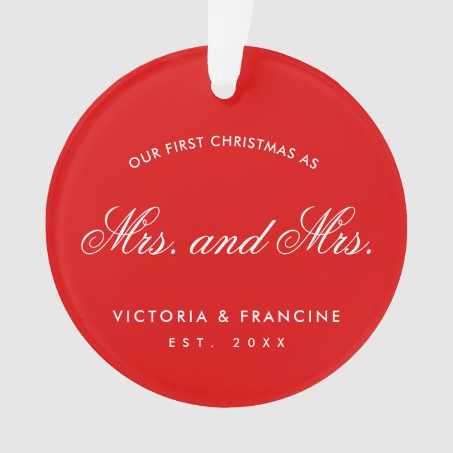 Our First Christmas Lesbian Newlywed Photo Red Ornament (Front)