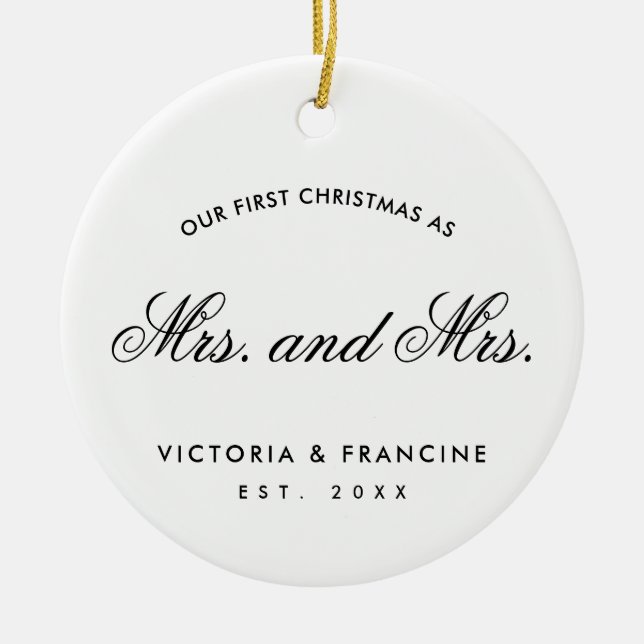Our First Christmas Lesbian Newlywed Photo White Ceramic Ornament (Front)