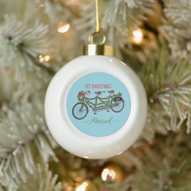 Our First Christmas Married 2025 | Cute Tandem  Ceramic Ball Christmas Ornament (Tree)