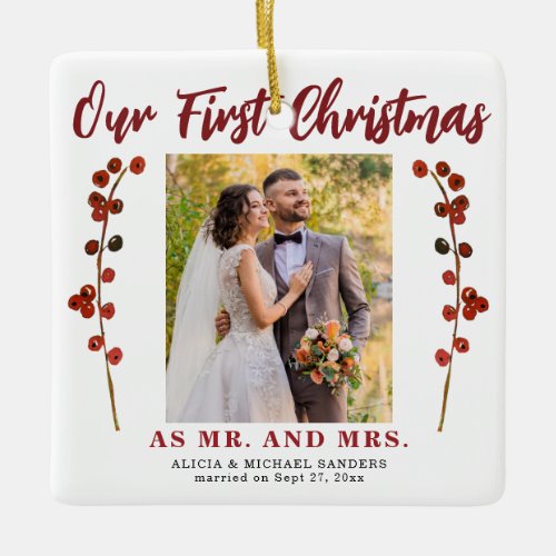 Our first Christmas married 2 photo modern Ceramic Ornament