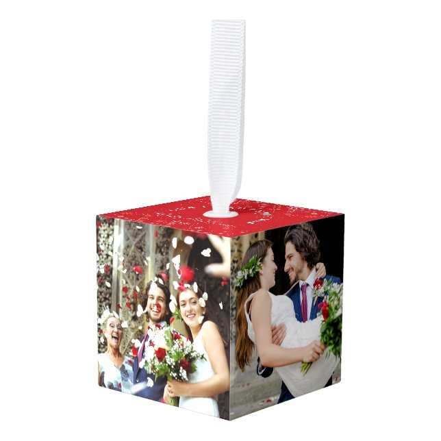 Our First Christmas Married 4 Wedding Photos Cube Ornament (Front Angled)