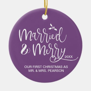 Our First Christmas, Married and Merry, Purple Ceramic Ornament