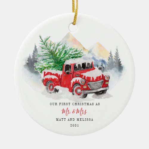 Our First Christmas Married as Mr  Mrs Red Truck Ceramic Ornament