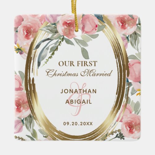 Our First Christmas Married Blush Floral Bible Ceramic Ornament