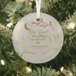 Our First Christmas Married Botanical Script  Glass Ornament<br><div class="desc">This design features 'Our First Christmas Married' in a festive calligraphy script in gold color,  surrounded by a light-of-the-moon botanical wreath.  Easily personalize your names and date of choice.  An Ideal,  lasting,  and memorable Christmas holiday gift for the newlyweds' first holiday as a married couple.</div>