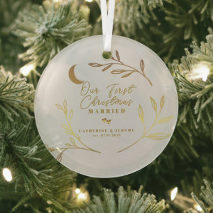 Our First Christmas Married Botanical Script  Glass Ornament