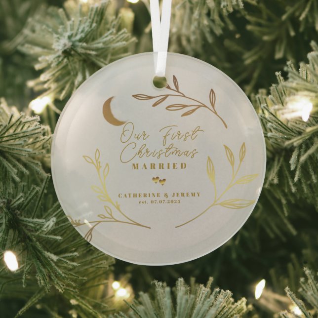 Our First Christmas Married Botanical Script  Glass Ornament (Insitu)